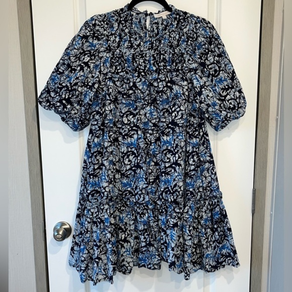 Anthropologie Love The Label Blue Boho Print Puff Sleeve Smocked Mini Dress